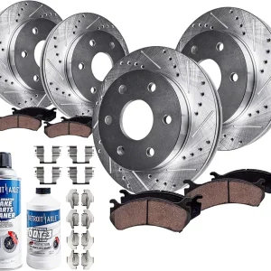 Drilled and Slotted 6-Lug Brake Rotor, Pad, Brake Fluid and Cleaner Kit; Front and Rear (12-14 F-150; 15-17 F-150 w/ Manual Parking Brake)