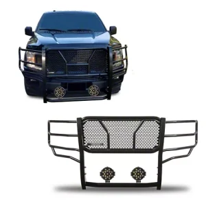 Rugged Heavy Duty Grille Guard with 7-Inch Black Round Flood LED Lights; Black(15-20 F-150, Excluding Powerstroke & Raptor)Find parts that fit my vehicle